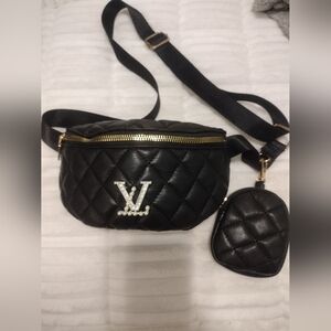 New Black Quilted Crossbody Bag With Initial Brooch